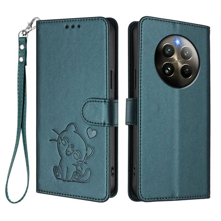For Realme 13 / 12 4G / P1 5G Global Embossed Heart Cat Leather Phone Case with Hand Strap
