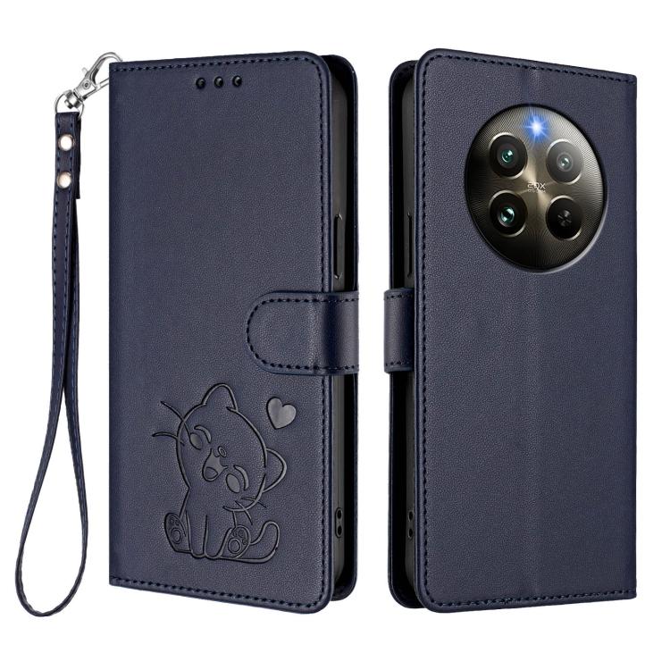 For Realme 13 / 12 4G / P1 5G Global Embossed Heart Cat Leather Phone Case with Hand Strap