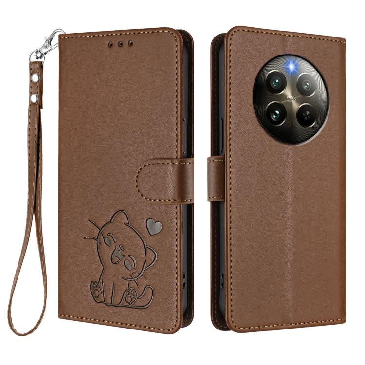 For Realme 13 / 12 4G / P1 5G Global Embossed Heart Cat Leather Phone Case with Hand Strap