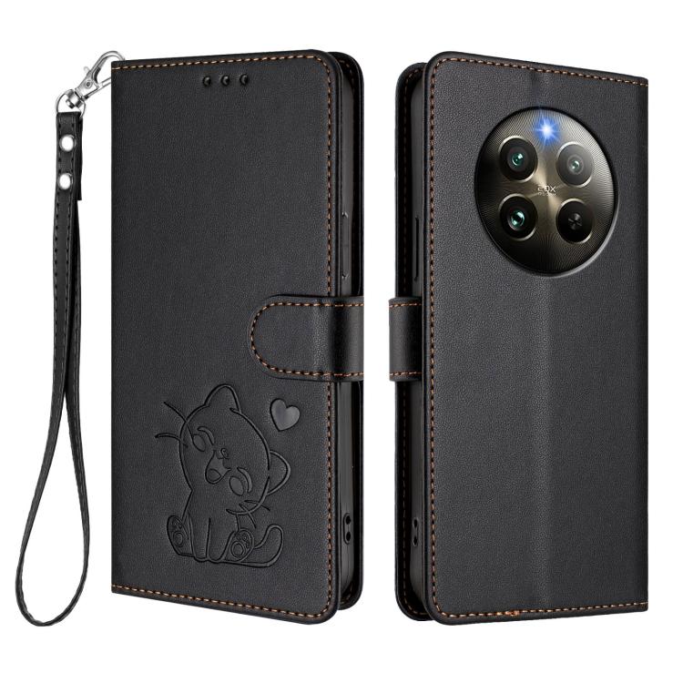 For Realme 13 / 12 4G / P1 5G Global Embossed Heart Cat Leather Phone Case with Hand Strap