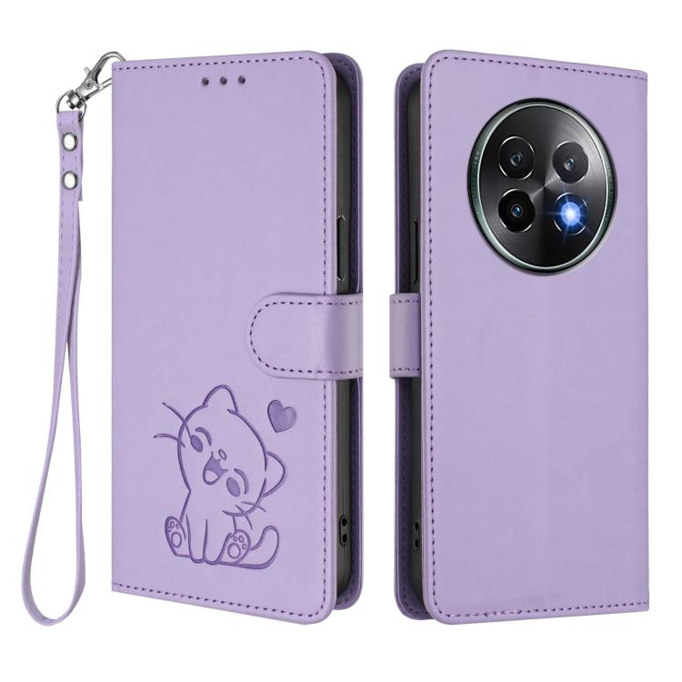 For Realme 13+ 5G Global Embossed Heart Cat Leather Phone Case with Hand Strap