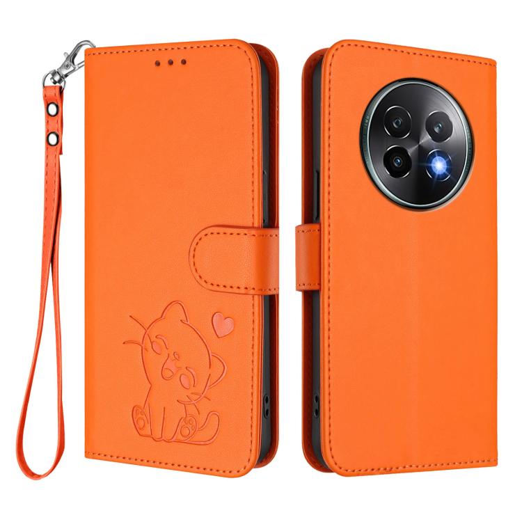 For Realme 13+ 5G Global Embossed Heart Cat Leather Phone Case with Hand Strap