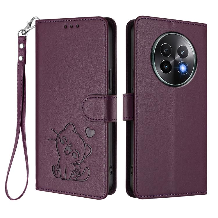 For Realme 13+ 5G Global Embossed Heart Cat Leather Phone Case with Hand Strap