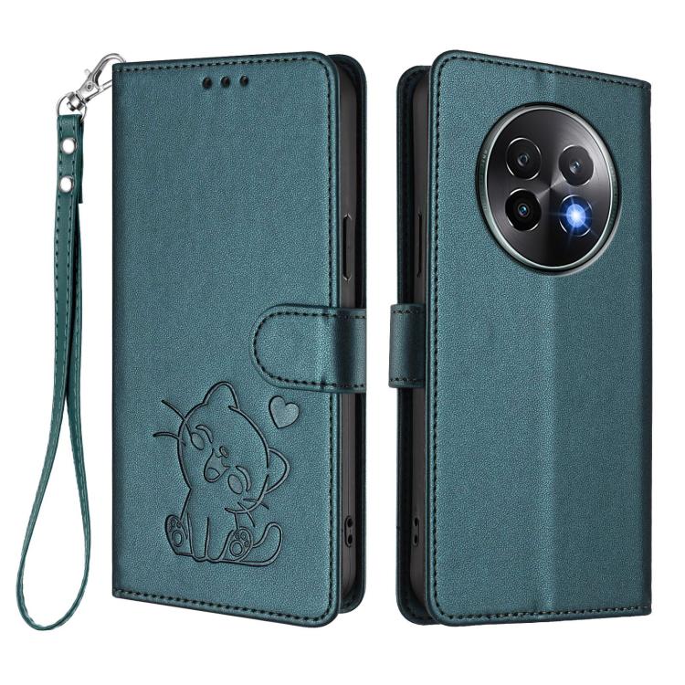 For Realme 13+ 5G Global Embossed Heart Cat Leather Phone Case with Hand Strap