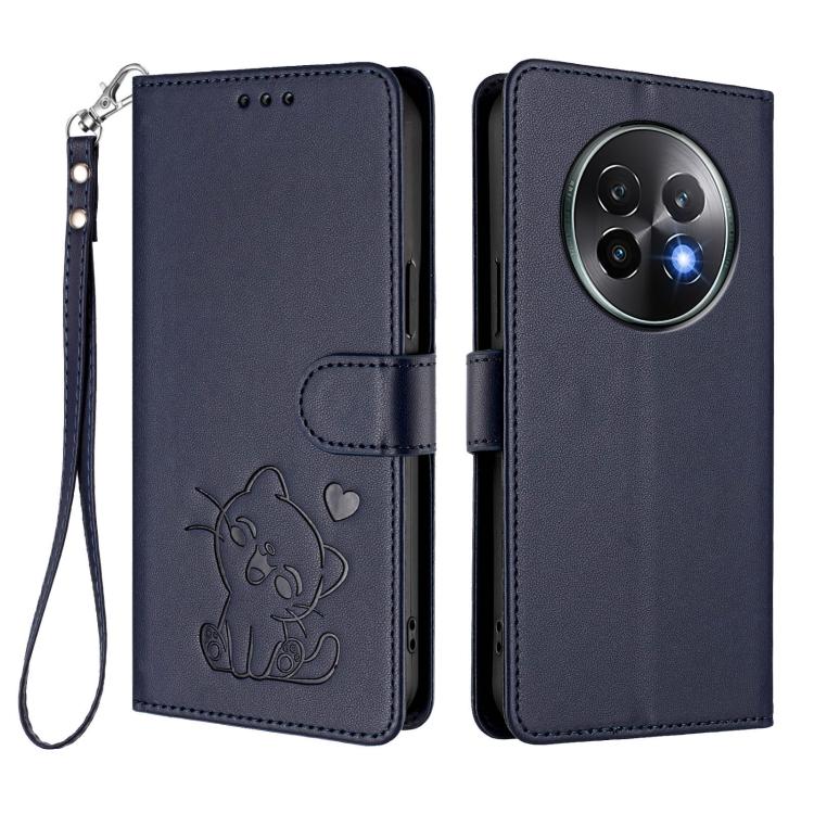 For Realme 13+ 5G Global Embossed Heart Cat Leather Phone Case with Hand Strap