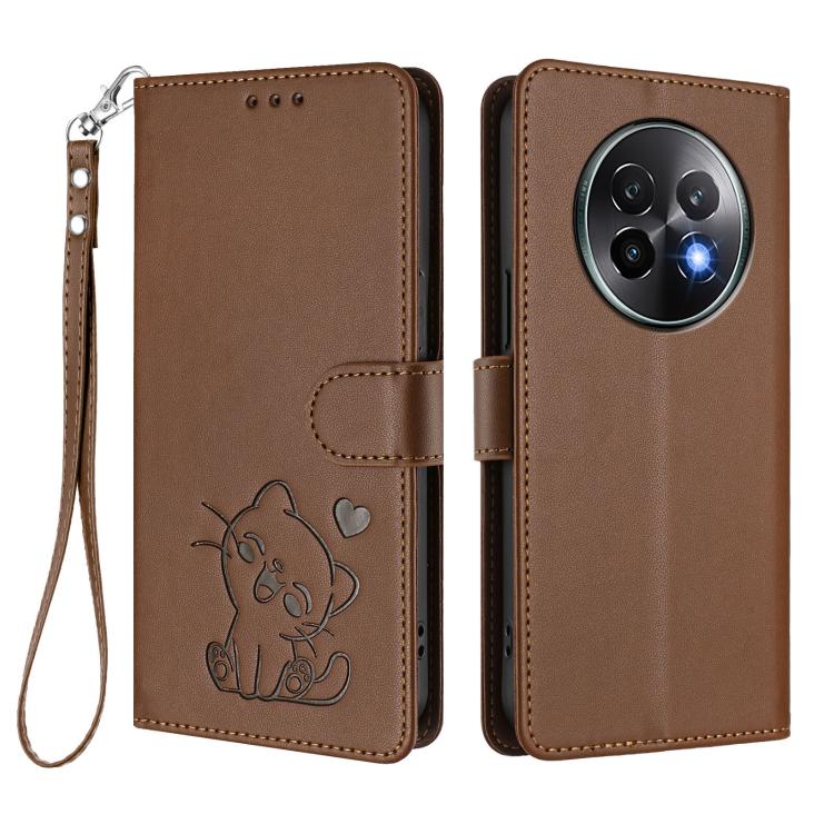 For Realme 13+ 5G Global Embossed Heart Cat Leather Phone Case with Hand Strap