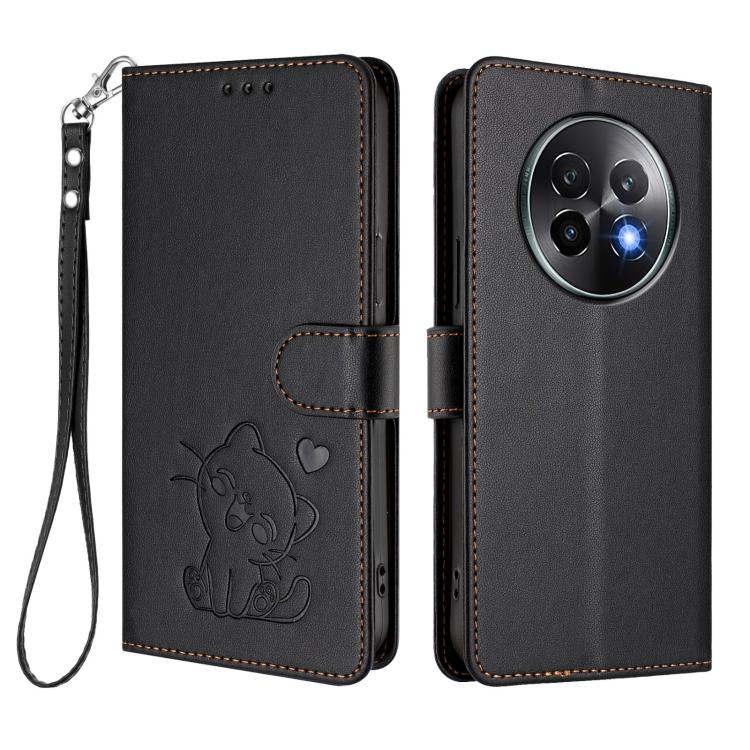 For Realme 13+ 5G Global Embossed Heart Cat Leather Phone Case with Hand Strap