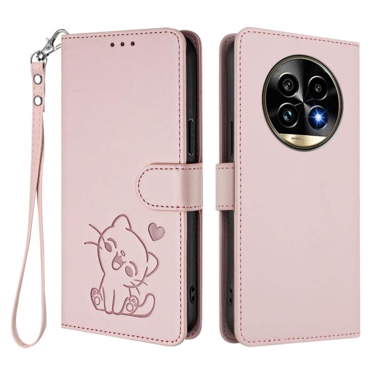 For Realme 13 Pro / 13 Pro+ 5G Global Embossed Heart Cat Leather Phone Case with Hand Strap