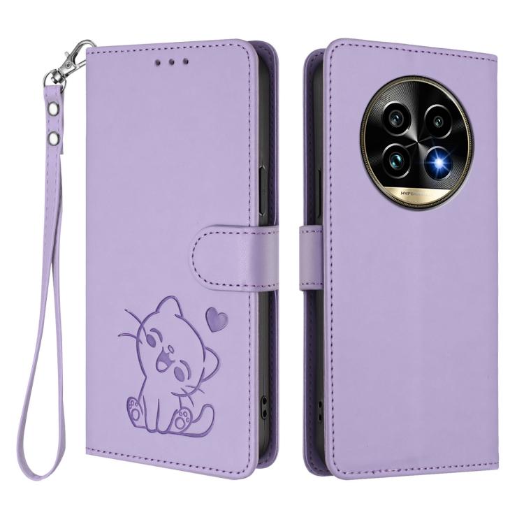 For Realme 13 Pro / 13 Pro+ 5G Global Embossed Heart Cat Leather Phone Case with Hand Strap