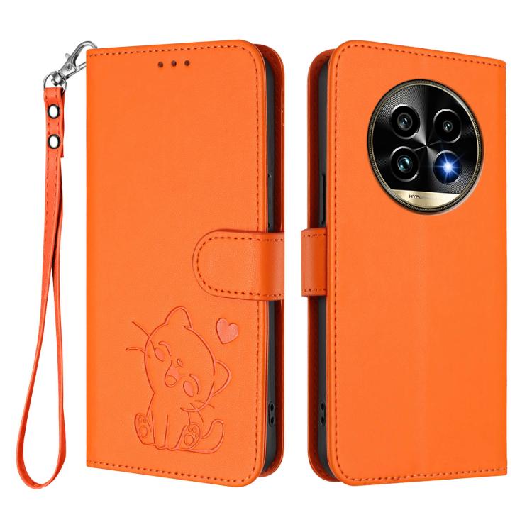 For Realme 13 Pro / 13 Pro+ 5G Global Embossed Heart Cat Leather Phone Case with Hand Strap