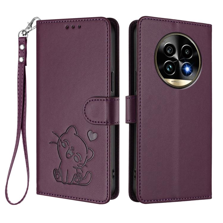 For Realme 13 Pro / 13 Pro+ 5G Global Embossed Heart Cat Leather Phone Case with Hand Strap