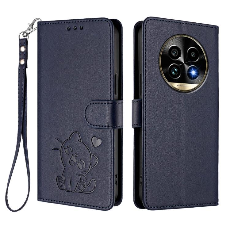 For Realme 13 Pro / 13 Pro+ 5G Global Embossed Heart Cat Leather Phone Case with Hand Strap