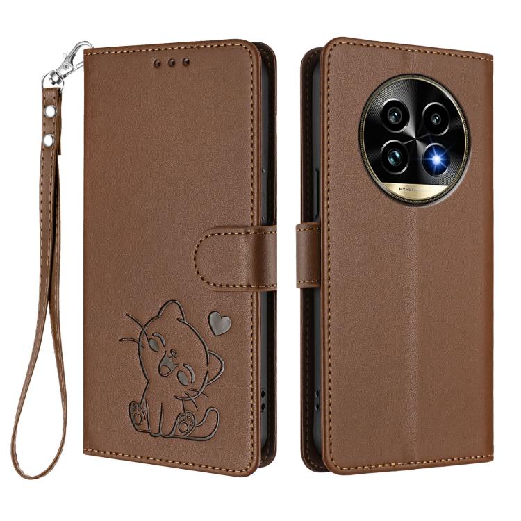 For Realme 13 Pro / 13 Pro+ 5G Global Embossed Heart Cat Leather Phone Case with Hand Strap