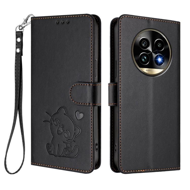 For Realme 13 Pro / 13 Pro+ 5G Global Embossed Heart Cat Leather Phone Case with Hand Strap