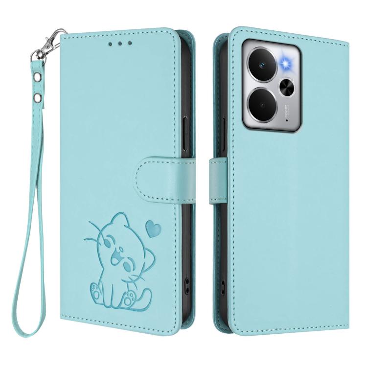 For Realme 14 / P3 / 14T 5G Global Embossed Heart Cat Leather Phone Case with Hand Strap