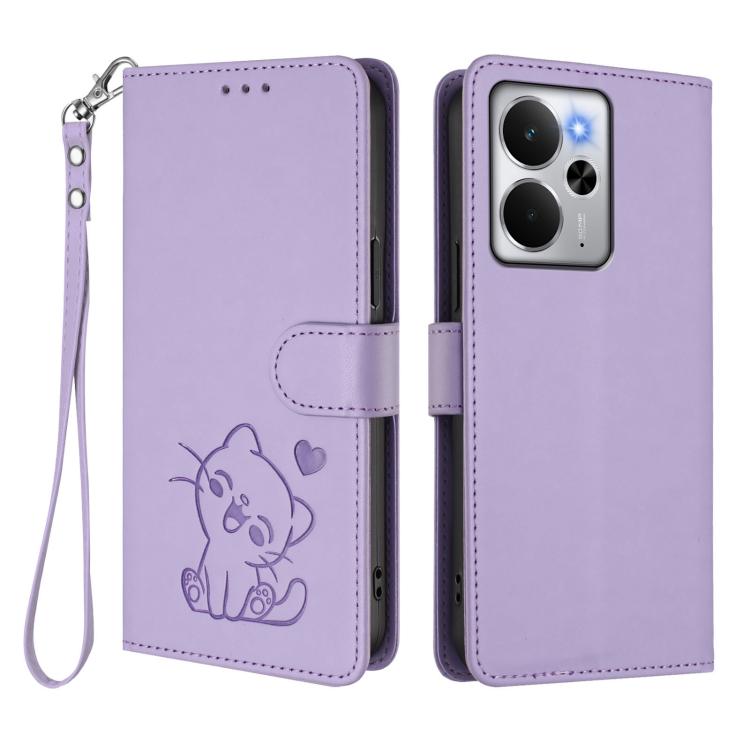 For Realme 14 / P3 / 14T 5G Global Embossed Heart Cat Leather Phone Case with Hand Strap
