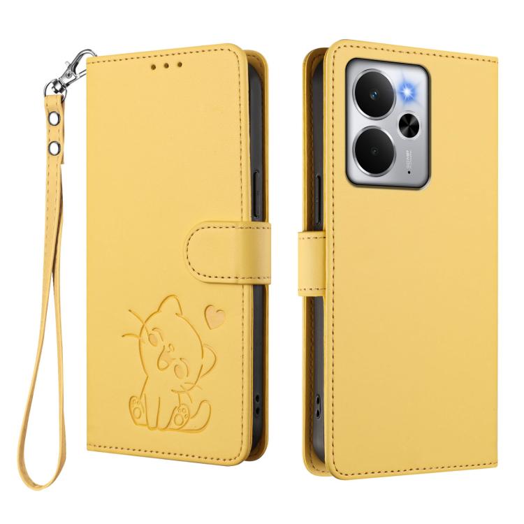 For Realme 14 / P3 / 14T 5G Global Embossed Heart Cat Leather Phone Case with Hand Strap