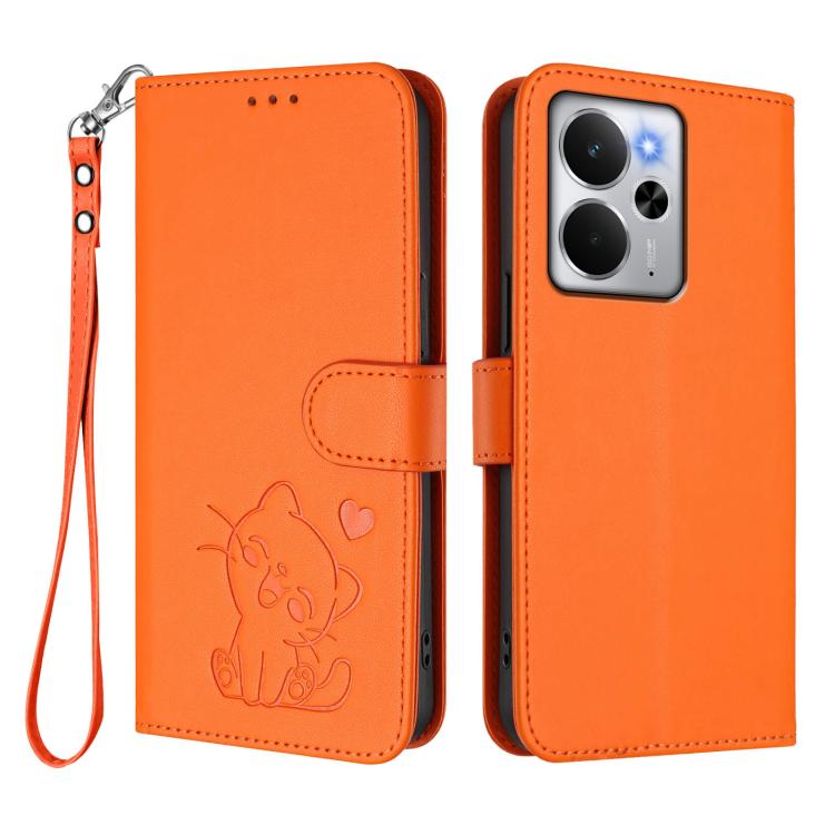 For Realme 14 / P3 / 14T 5G Global Embossed Heart Cat Leather Phone Case with Hand Strap