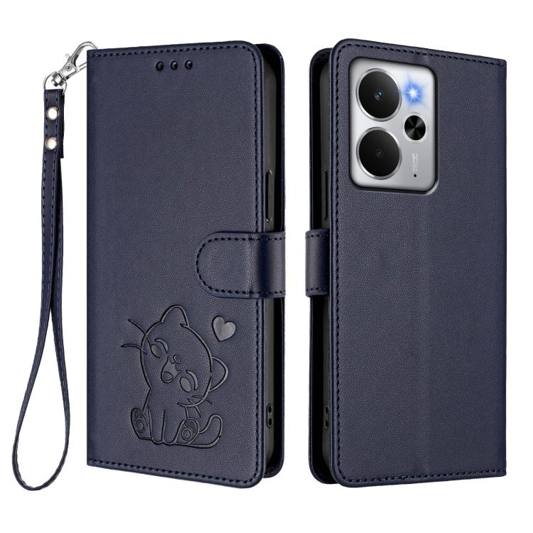 For Realme 14 / P3 / 14T 5G Global Embossed Heart Cat Leather Phone Case with Hand Strap