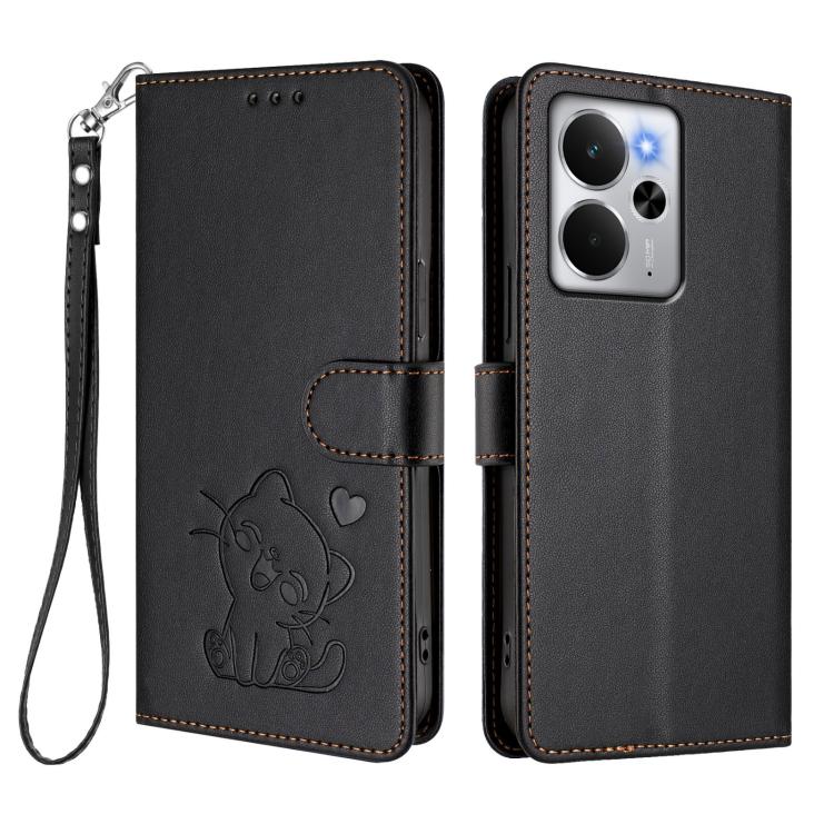 For Realme 14 / P3 / 14T 5G Global Embossed Heart Cat Leather Phone Case with Hand Strap