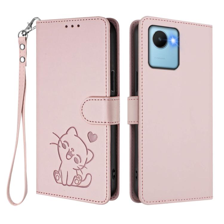 For Realme C30 4G / C30s / Narzo 50i Embossed Heart Cat Leather Phone Case with Hand Strap