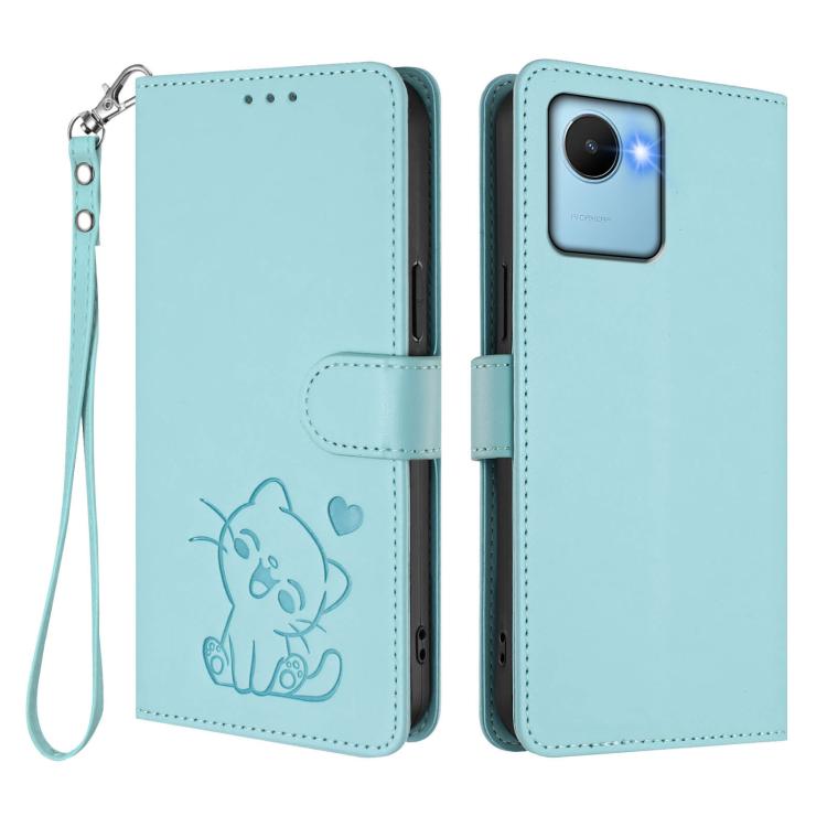 For Realme C30 4G / C30s / Narzo 50i Embossed Heart Cat Leather Phone Case with Hand Strap