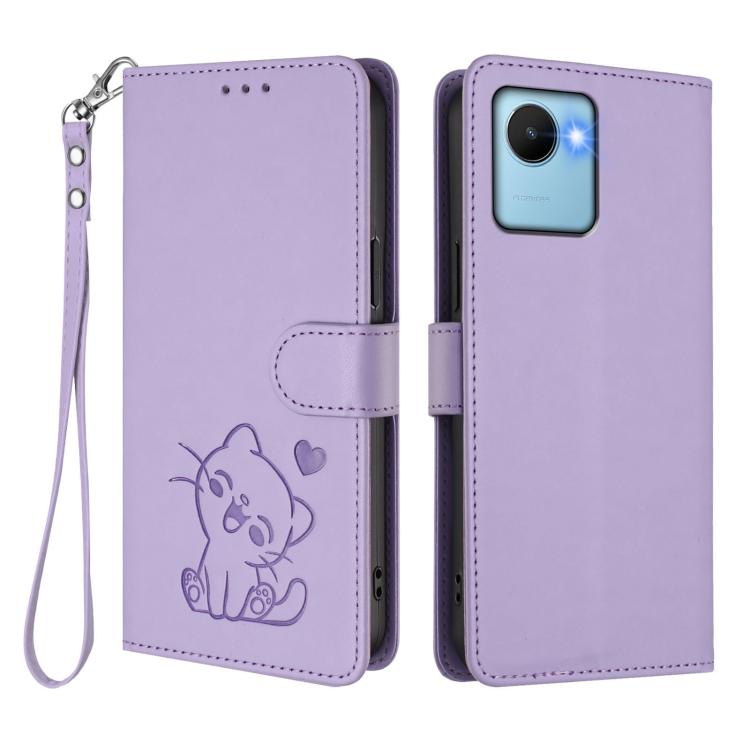 For Realme C30 4G / C30s / Narzo 50i Embossed Heart Cat Leather Phone Case with Hand Strap