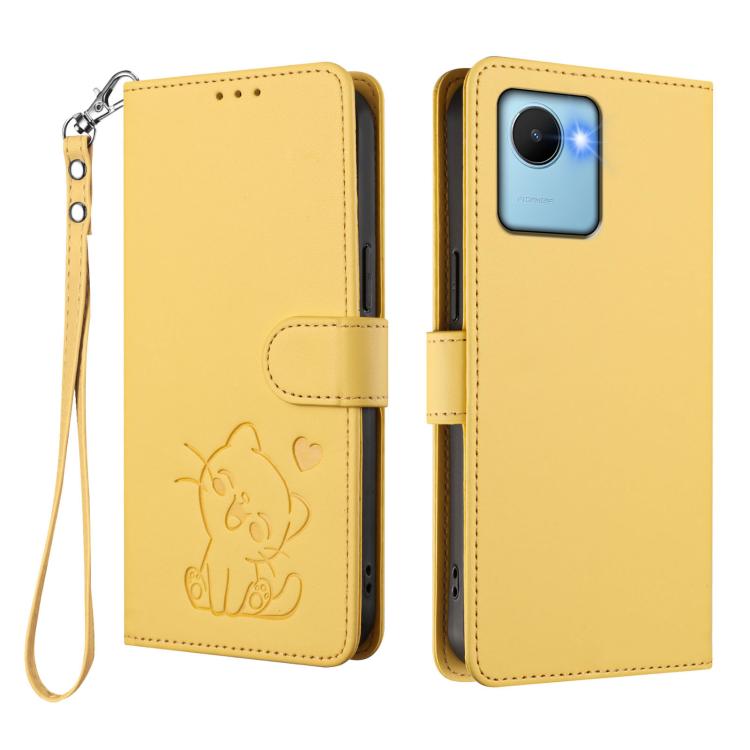 For Realme C30 4G / C30s / Narzo 50i Embossed Heart Cat Leather Phone Case with Hand Strap