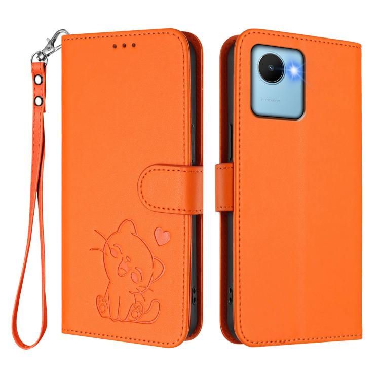 For Realme C30 4G / C30s / Narzo 50i Embossed Heart Cat Leather Phone Case with Hand Strap