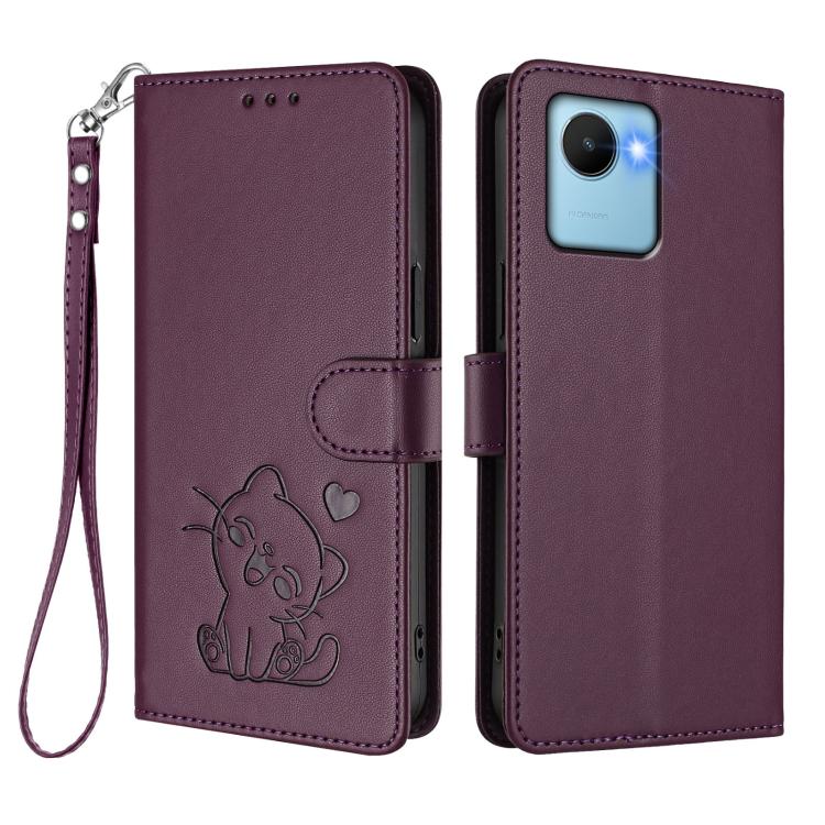 For Realme C30 4G / C30s / Narzo 50i Embossed Heart Cat Leather Phone Case with Hand Strap