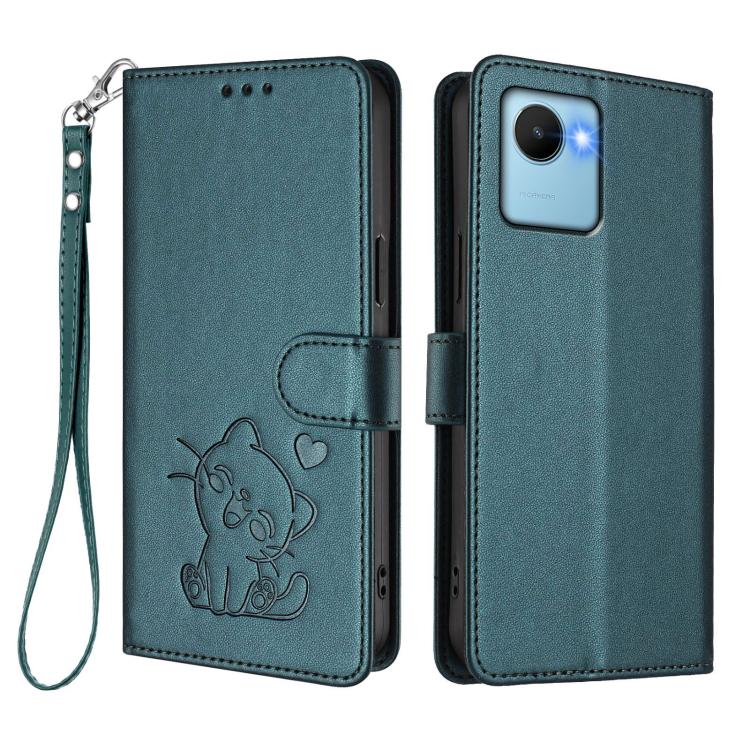 For Realme C30 4G / C30s / Narzo 50i Embossed Heart Cat Leather Phone Case with Hand Strap