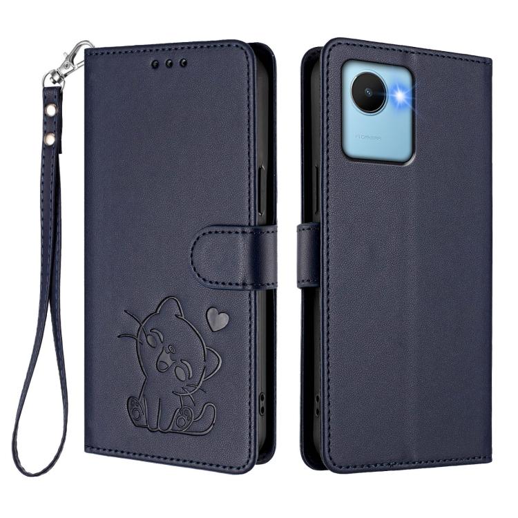 For Realme C30 4G / C30s / Narzo 50i Embossed Heart Cat Leather Phone Case with Hand Strap