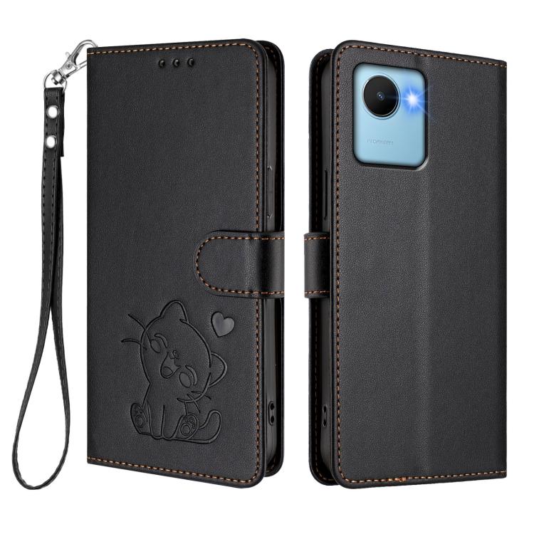 For Realme C30 4G / C30s / Narzo 50i Embossed Heart Cat Leather Phone Case with Hand Strap