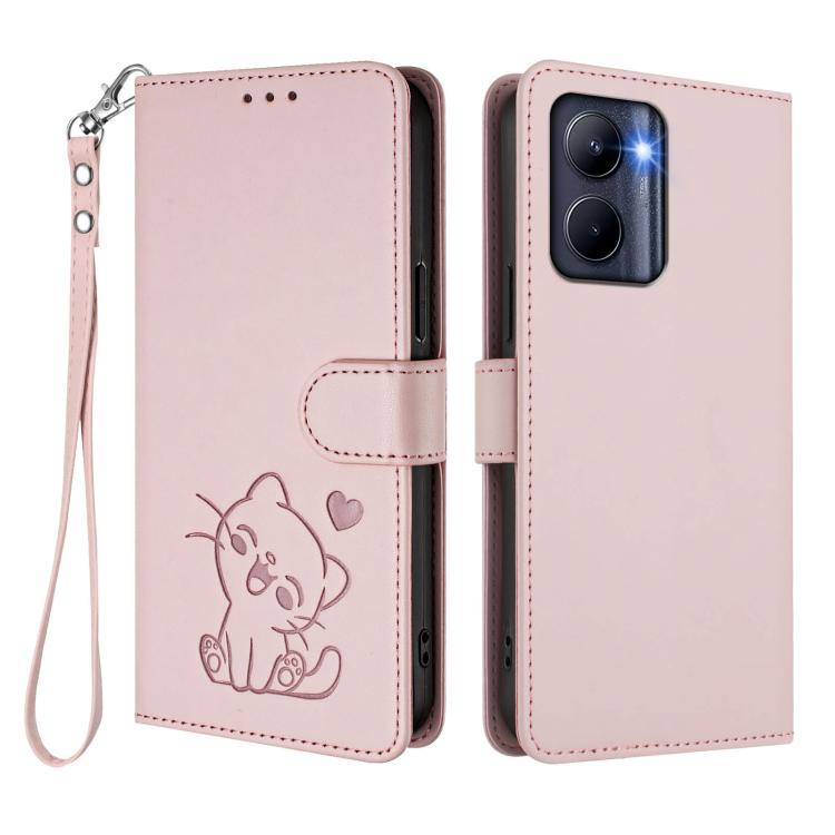 For Realme C33 2023 / 2022 Embossed Heart Cat Leather Phone Case with Hand Strap