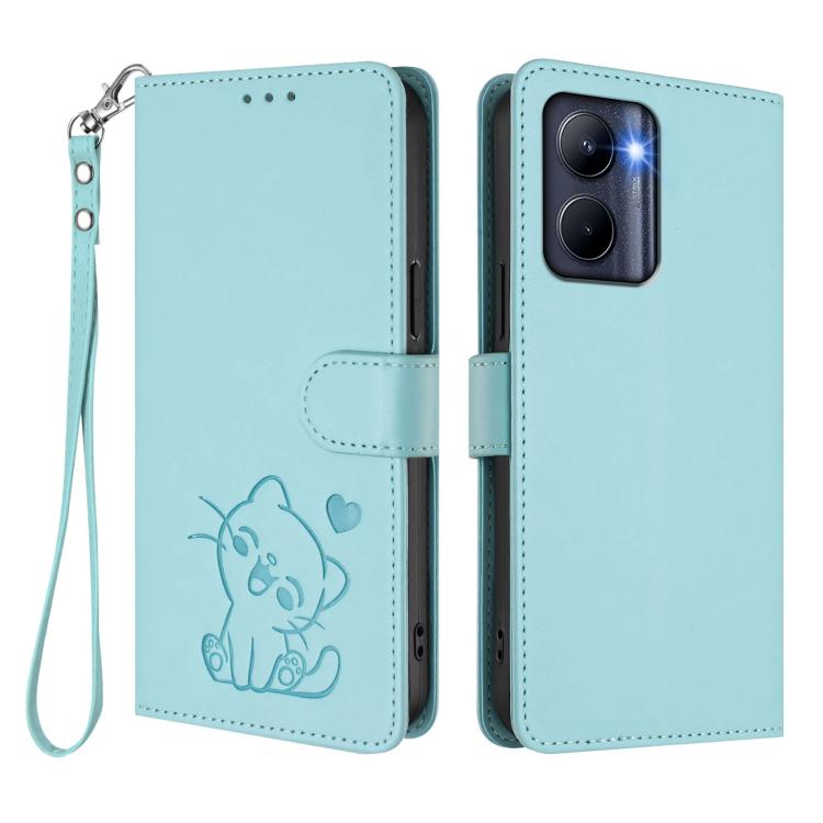 For Realme C33 2023 / 2022 Embossed Heart Cat Leather Phone Case with Hand Strap