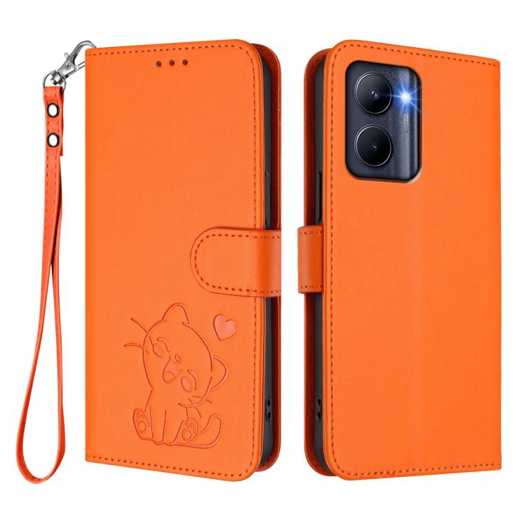 For Realme C33 2023 / 2022 Embossed Heart Cat Leather Phone Case with Hand Strap