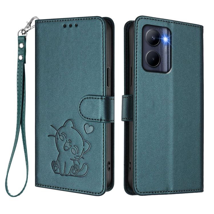 For Realme C33 2023 / 2022 Embossed Heart Cat Leather Phone Case with Hand Strap