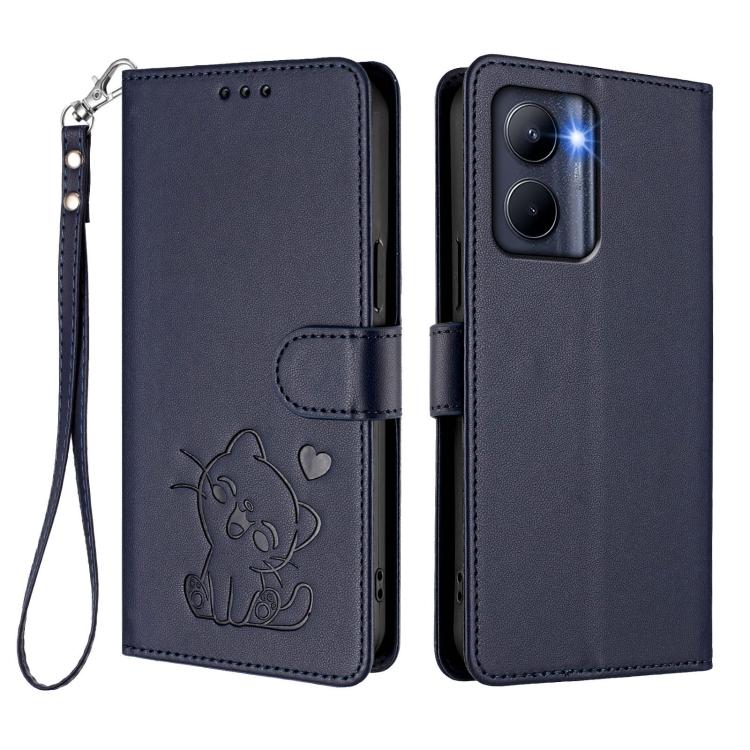 For Realme C33 2023 / 2022 Embossed Heart Cat Leather Phone Case with Hand Strap