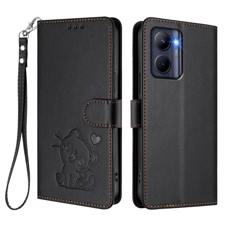For Realme C33 2023 / 2022 Embossed Heart Cat Leather Phone Case with Hand Strap