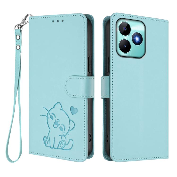 For Realme C53 / C51 4G Global Embossed Heart Cat Leather Phone Case with Hand Strap