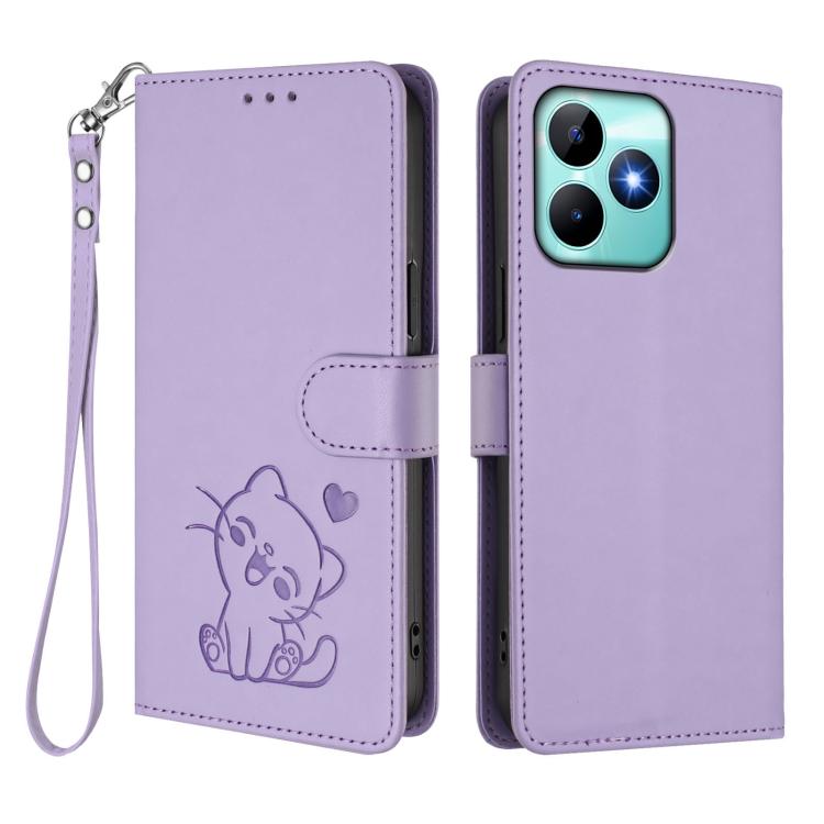 For Realme C53 / C51 4G Global Embossed Heart Cat Leather Phone Case with Hand Strap