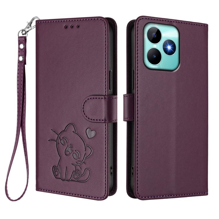 For Realme C53 / C51 4G Global Embossed Heart Cat Leather Phone Case with Hand Strap