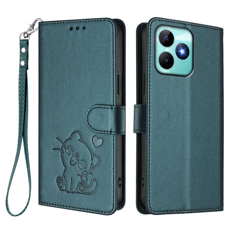 For Realme C53 / C51 4G Global Embossed Heart Cat Leather Phone Case with Hand Strap