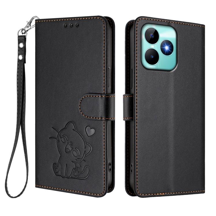 For Realme C53 / C51 4G Global Embossed Heart Cat Leather Phone Case with Hand Strap