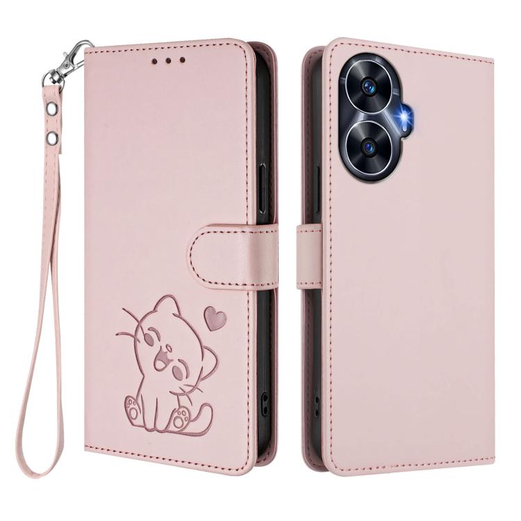 For Realme C55 4G Global / Narzo N55 Embossed Heart Cat Leather Phone Case with Hand Strap