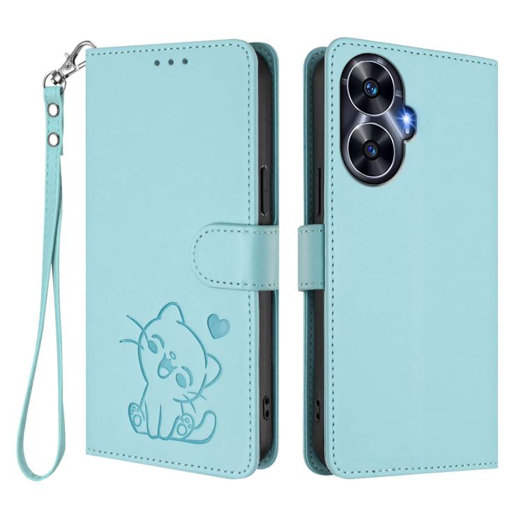 For Realme C55 4G Global / Narzo N55 Embossed Heart Cat Leather Phone Case with Hand Strap