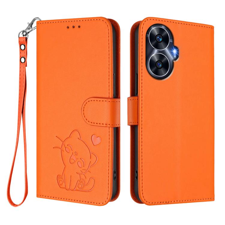 For Realme C55 4G Global / Narzo N55 Embossed Heart Cat Leather Phone Case with Hand Strap