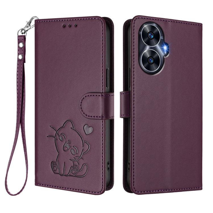 For Realme C55 4G Global / Narzo N55 Embossed Heart Cat Leather Phone Case with Hand Strap
