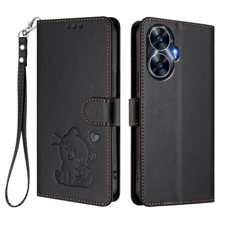 For Realme C55 4G Global / Narzo N55 Embossed Heart Cat Leather Phone Case with Hand Strap