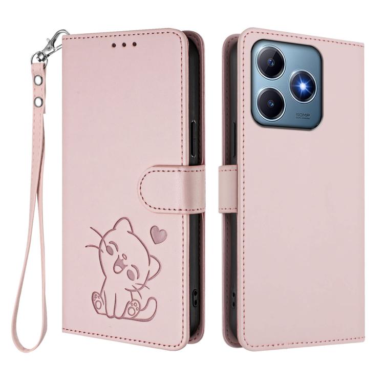 For Realme C63 / C61 / Note 60 4G Global Embossed Heart Cat Leather Phone Case with Hand Strap